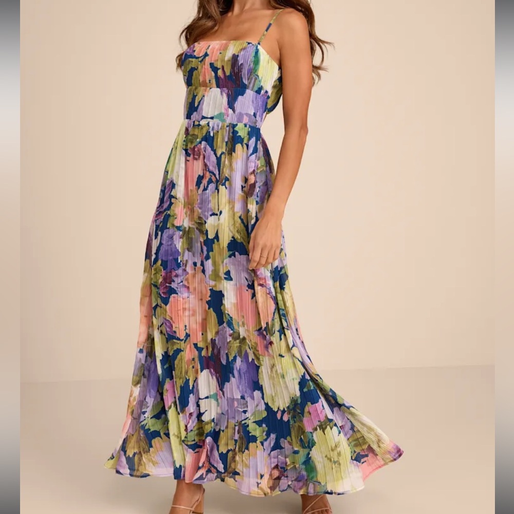 Lulu's Holloway Dark Blue Multi Floral Pleated Maxi Dress